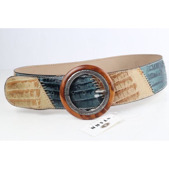 Green Baige Patchwork Leather Round Buckle Wide Adjustable Waist Belt Size 90 main image 4